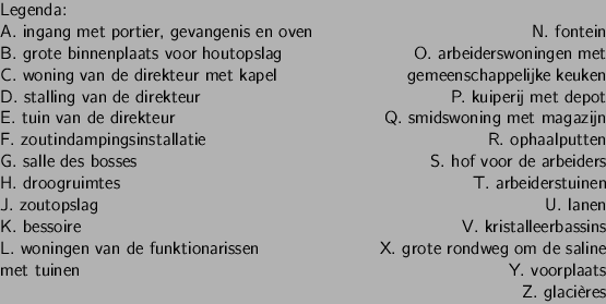Legenda:
\par A. ingang met portier, gevangenis en oven\hfill N. fontein
\par B....
...g om de saline
\par met tuinen \hfill Y. voorplaats
\par ~\hfill Z. glaci\\lq eres